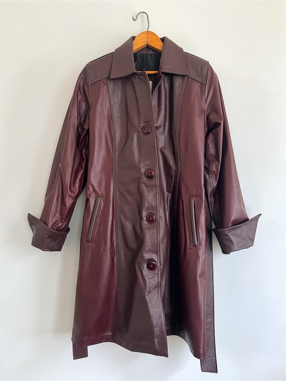 Burgundy Dark Plum Two Tone Leather Coat Belted